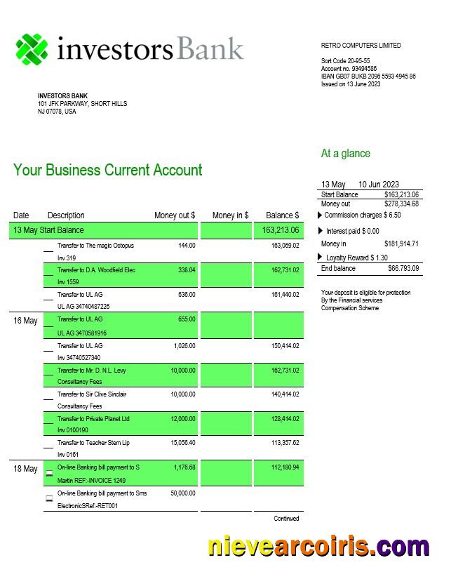 Investors Bank business checking account statement